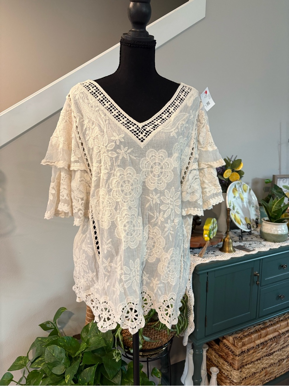 Solitaire Cream Crochet Lace V-Neck Ruffled Sleeve Blouse